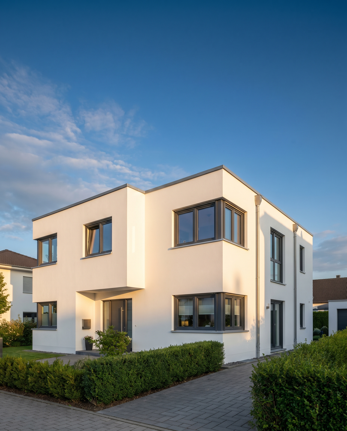 Saubere weiße Fassade dank Sto Lotusan – modernes Einfamilienhaus