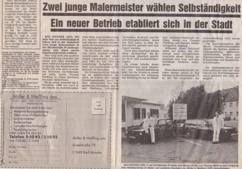 Zeitungsartikel: Zwei junge Malermeister wählen Selbständigkeit, Bad Münder 1994