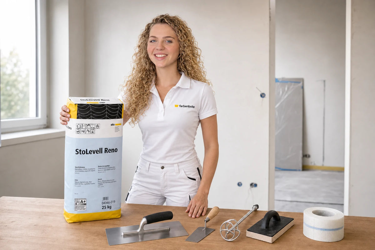 Malermeisterin Denise mit StoLevell Reno und passendem Werkzeug