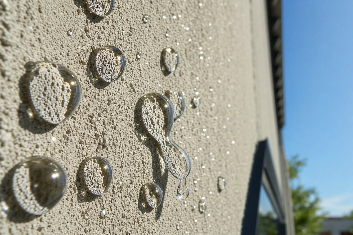 StoSilco K – Abperleffekt: Wasser perlt von der Siliconharz-Fassade ab