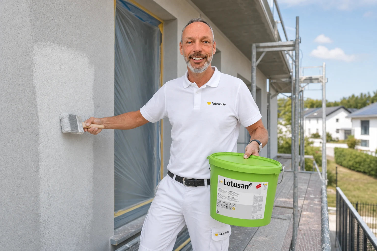 Malermeister Thomas streicht eine Fassade mit Sto-Lotusan — farbenbote Profi-Ratgeber