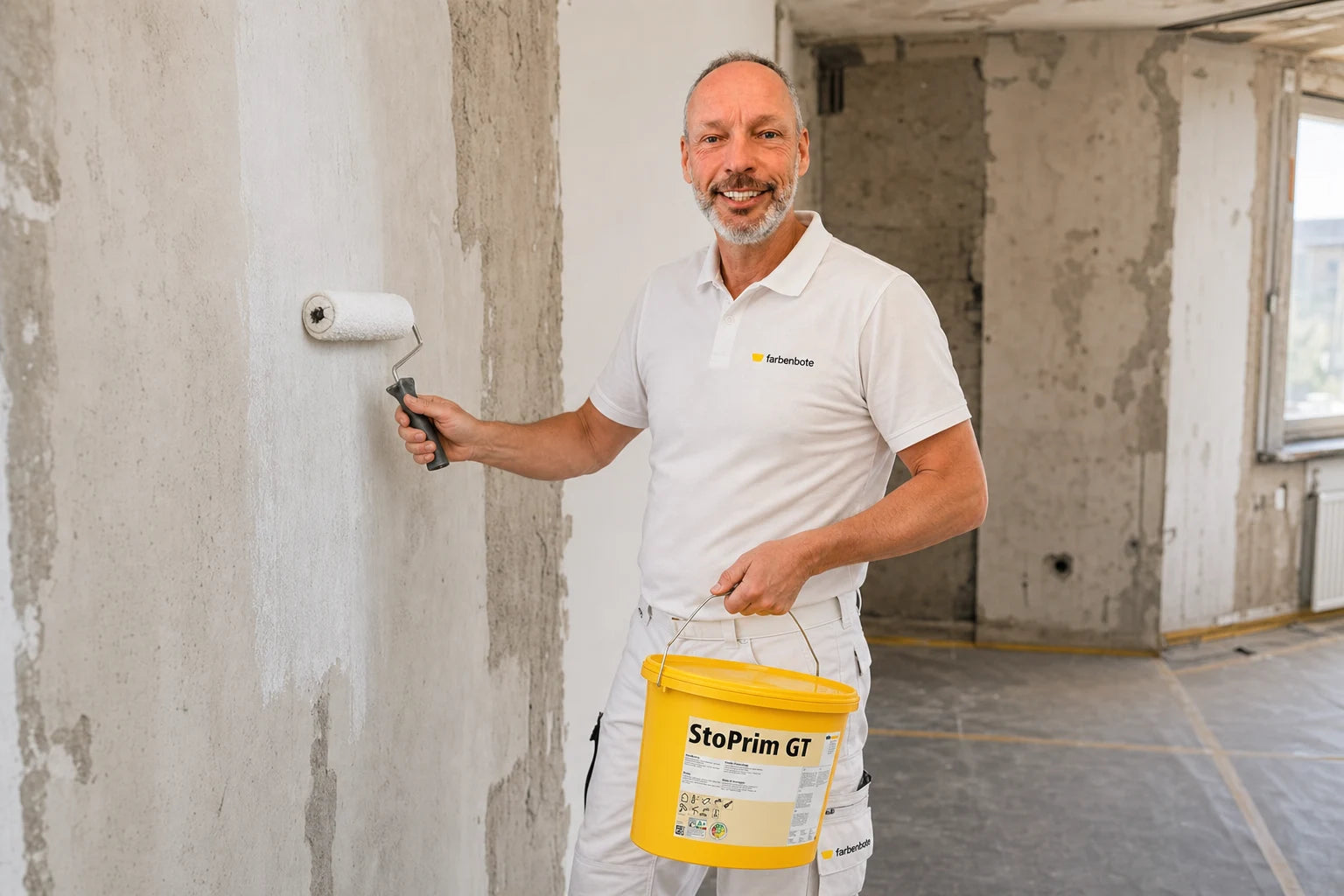 Malermeister Thomas grundiert eine Renovierungswand mit StoPrim GT — farbenbote Profi-Ratgeber