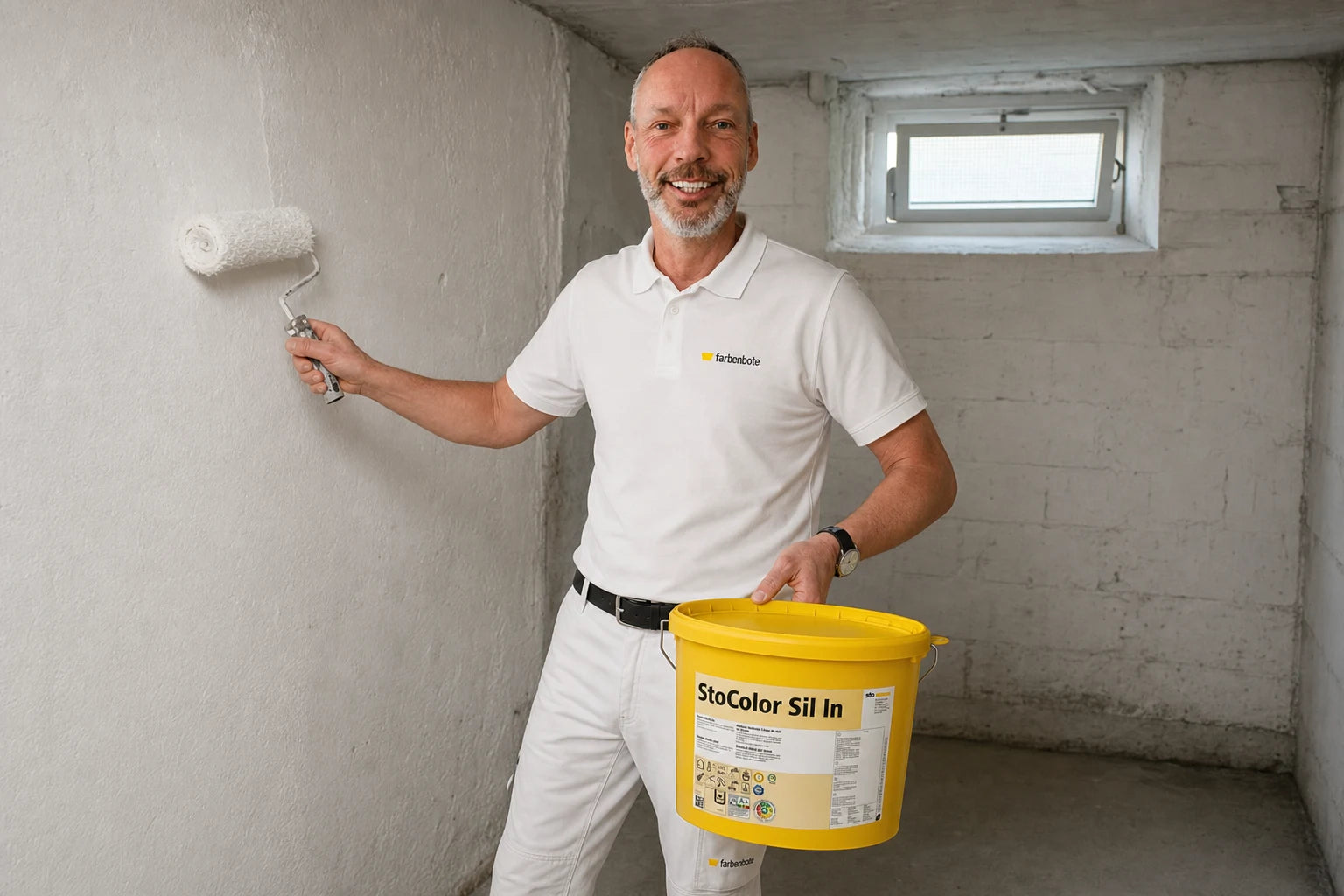 Malermeister Thomas streicht Kellerwand mit StoColor Sil In — farbenbote Kellerfarbe-Ratgeber