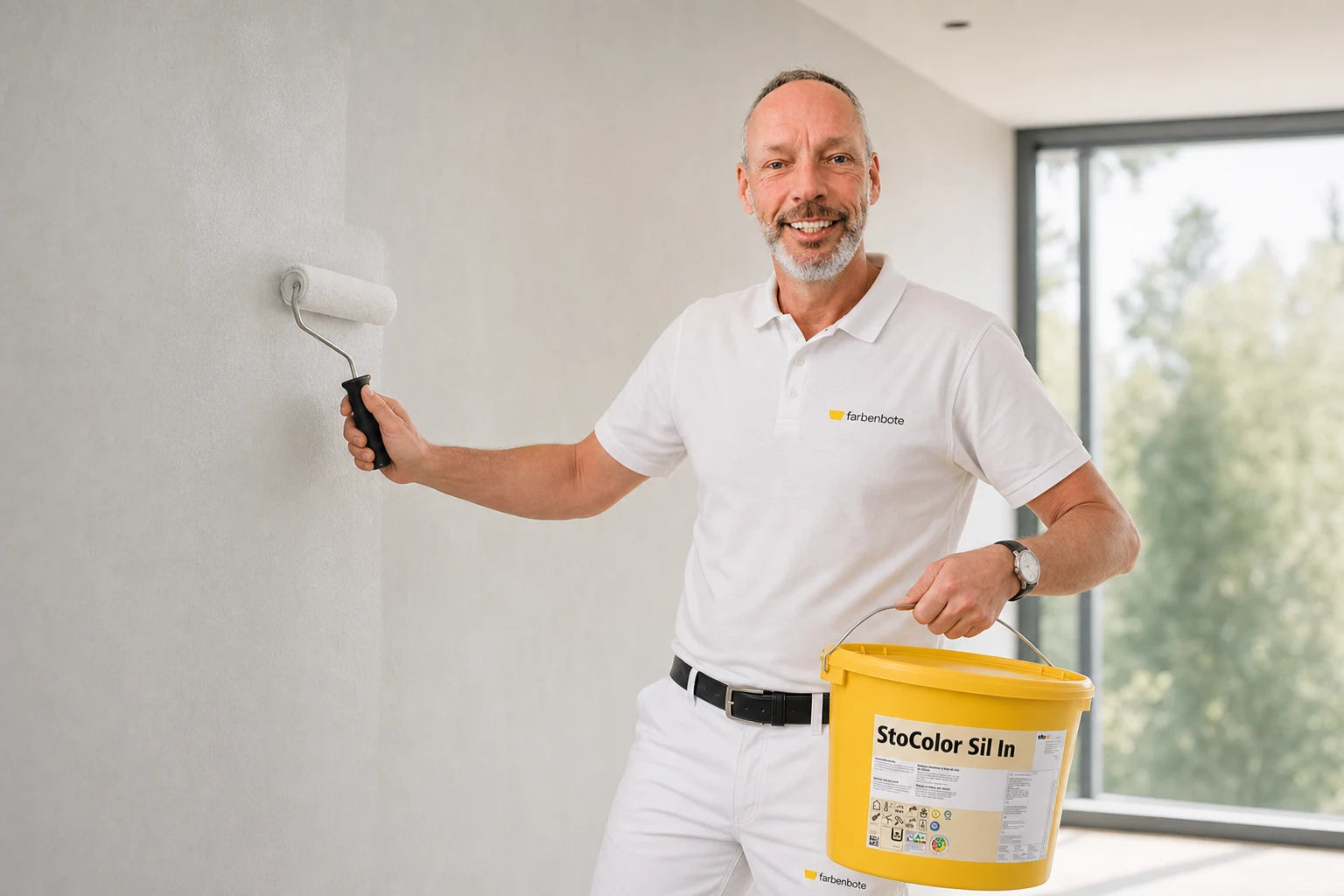 Malermeister Thomas mit StoColor Sil Eimer vor mineralischer Wand — farbenbote Silikatfarbe-Ratgeber