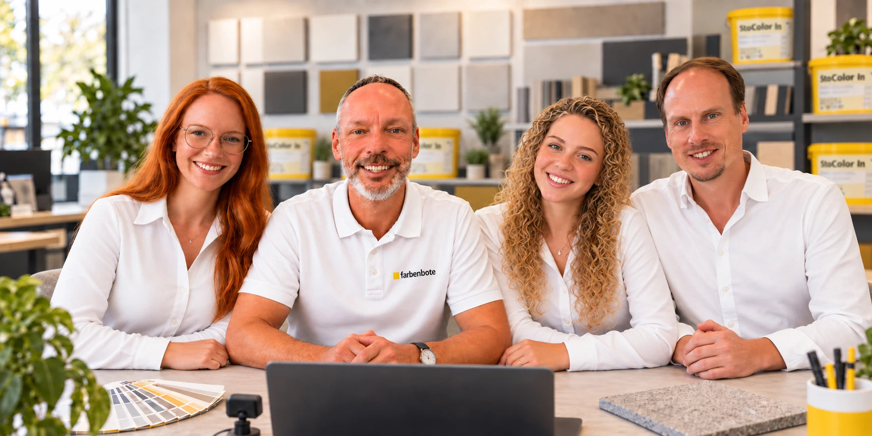 Gestaltetes Beratungsmotiv mit Thomas, Charleen, Denise und Andre im Farbenbote-Showroom