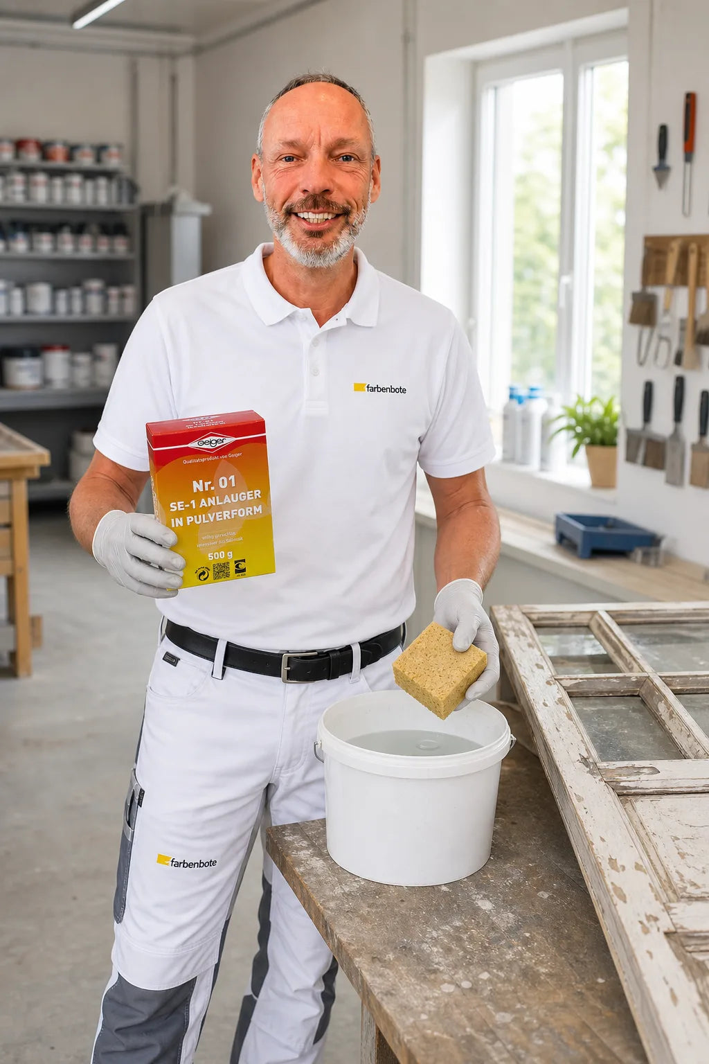 Charleen vom Farbenbote-Team mit Geiger S-E-1 Anlauger Pulver-Verpackung und Schwamm