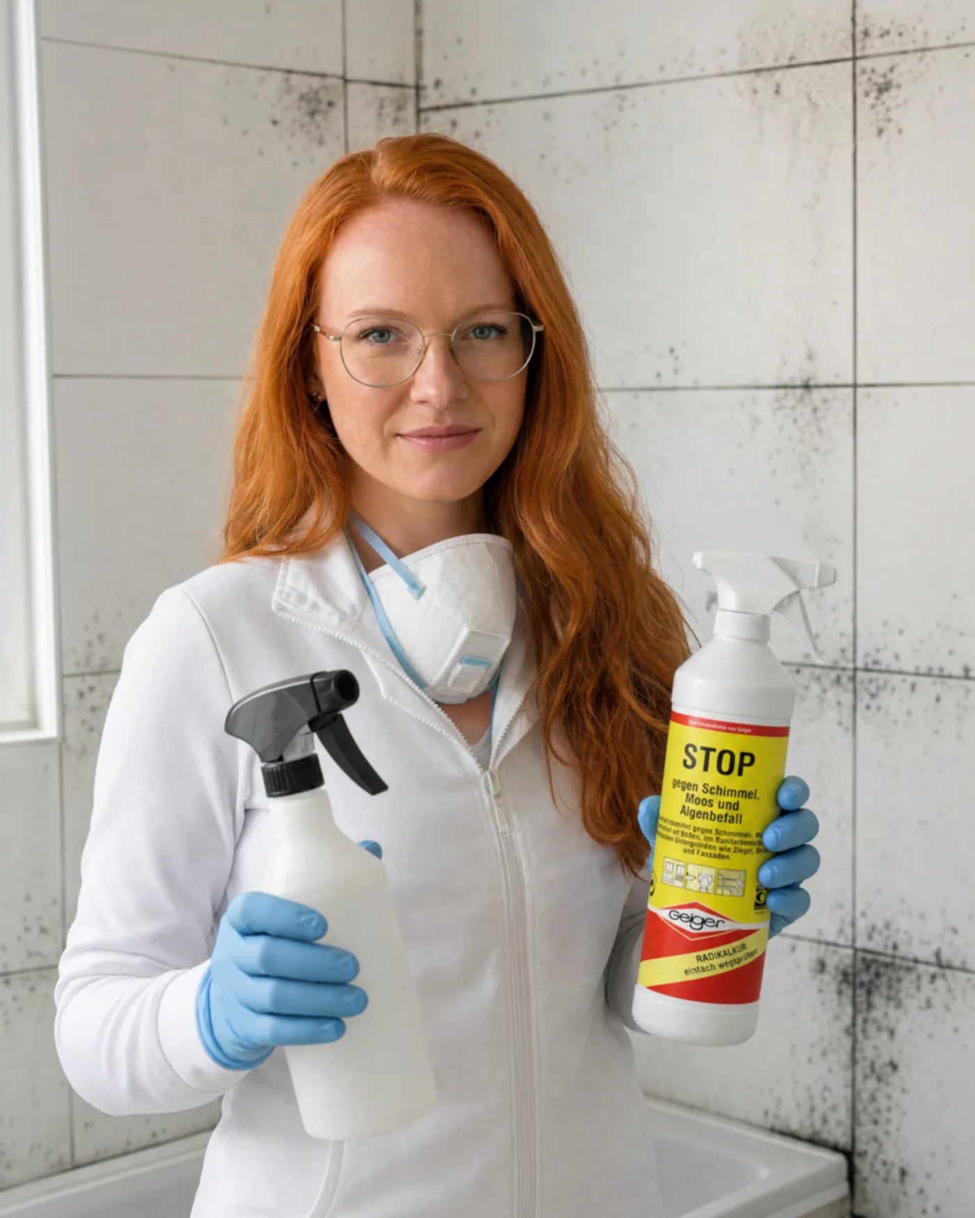 Charleen vom Farbenbote-Team mit Geiger Stop Kanister + Schutzhandschuhen beim Bad-Schimmel-Entfernen