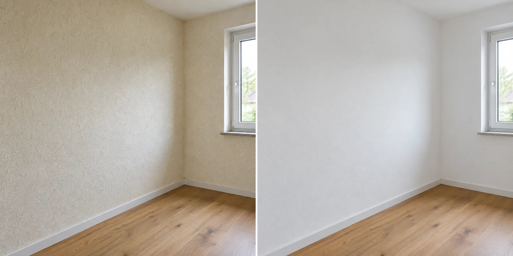 KI-generierter Vergleich desselben Raums: links strukturierte beige Wand, rechts glatte weiße Wand nach beispielhafter Renovierung