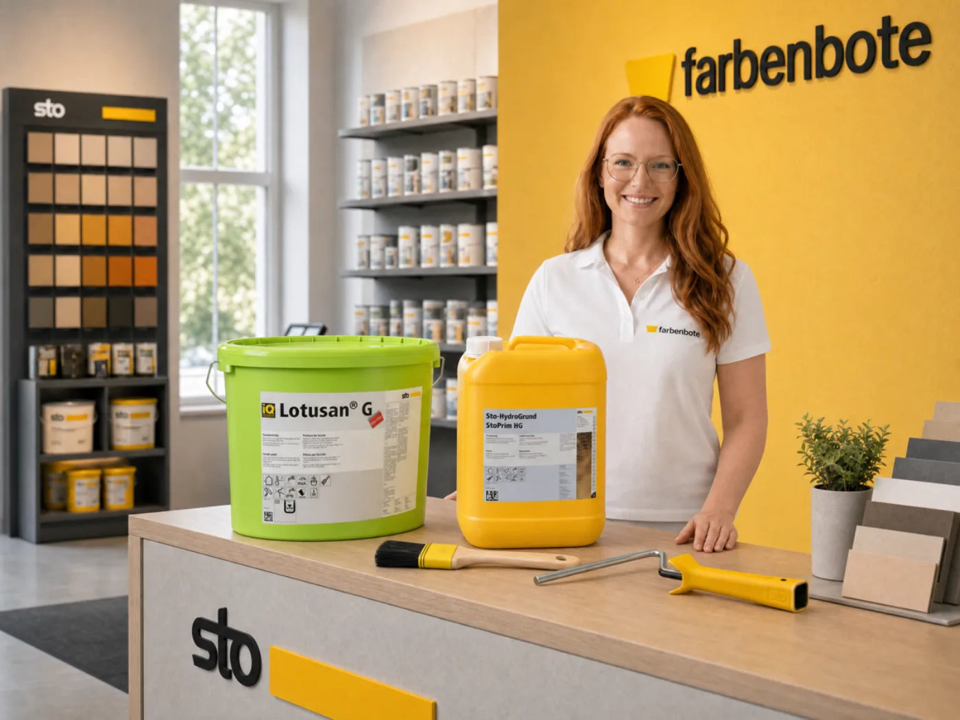 Charleen mit Lotusan G Eimer und Werkzeug im Farbenbote-Showroom