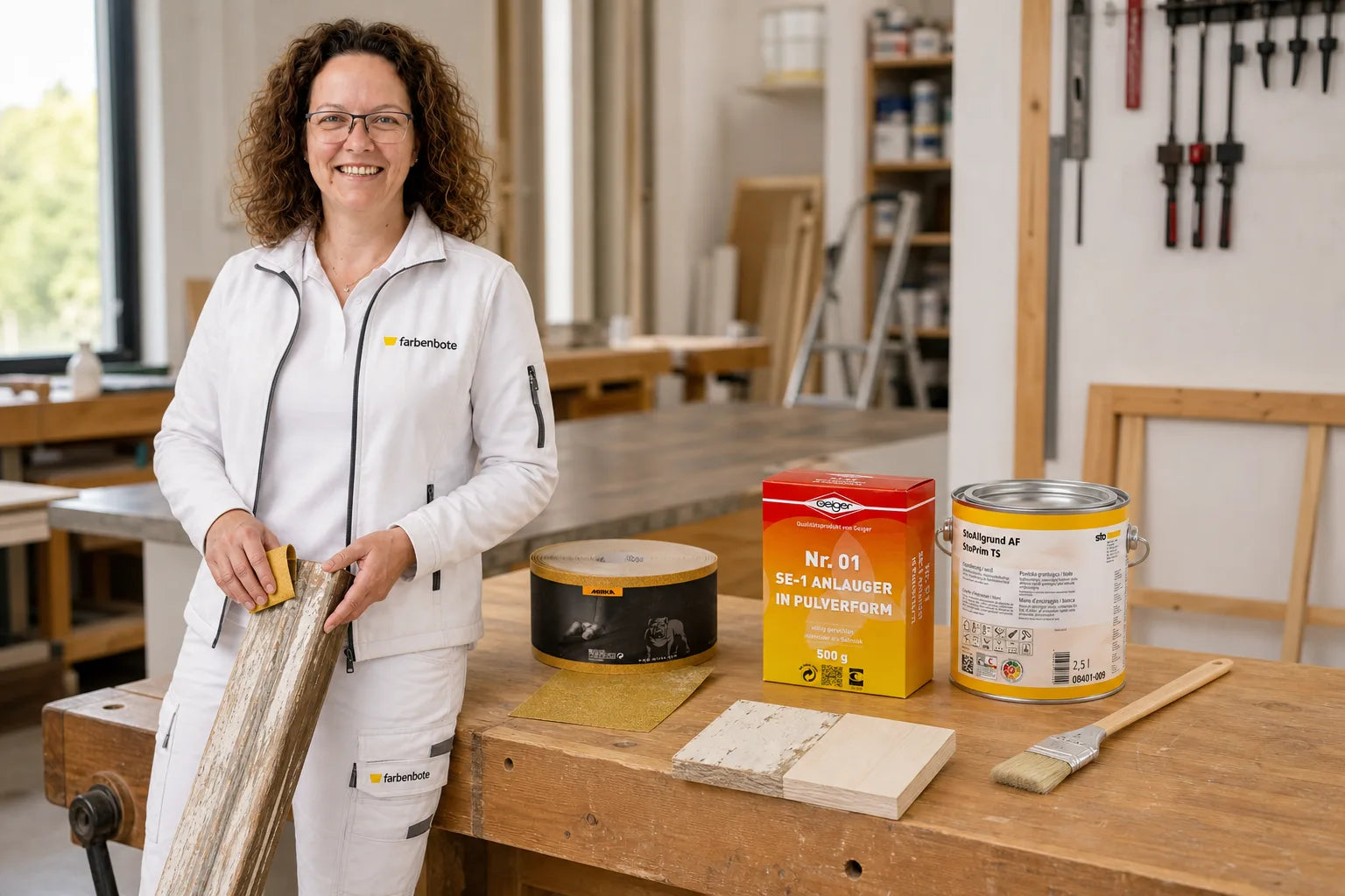 Charleen mit Sto-Gold Rolle Schleifpapier Eimer und Werkzeug im Farbenbote-Showroom