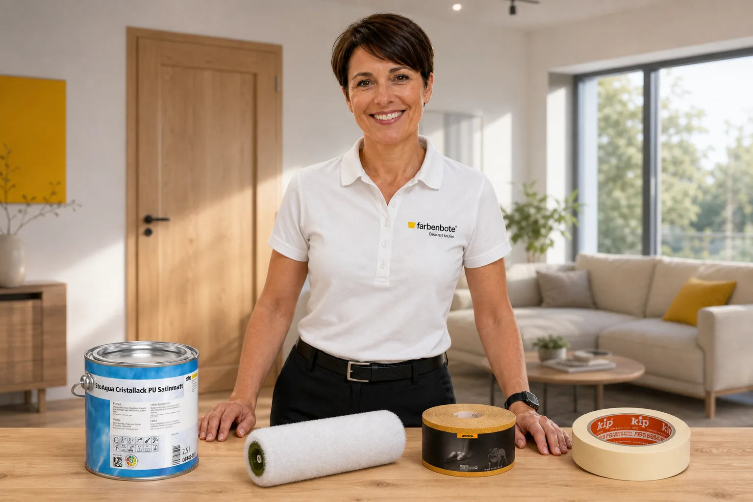 Charleen mit StoAqua Cristallack PU Satinmatt Eimer und Werkzeug im Farbenbote-Showroom