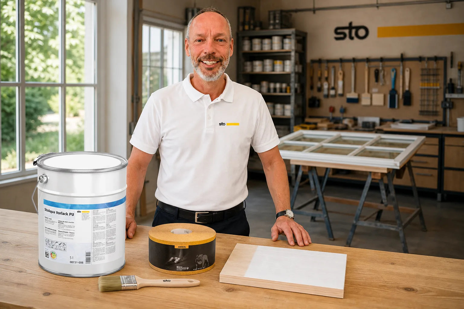 Charleen mit StoAqua Vorlack PU Eimer und Werkzeug im Farbenbote-Showroom