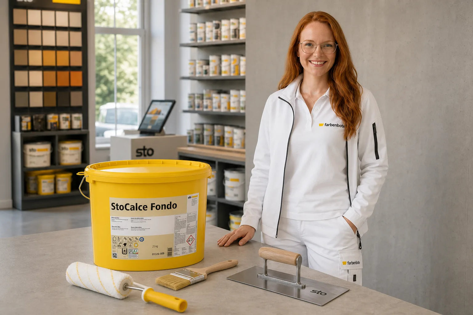 Charleen mit StoCalce Fondo Eimer und Werkzeug im Farbenbote-Showroom