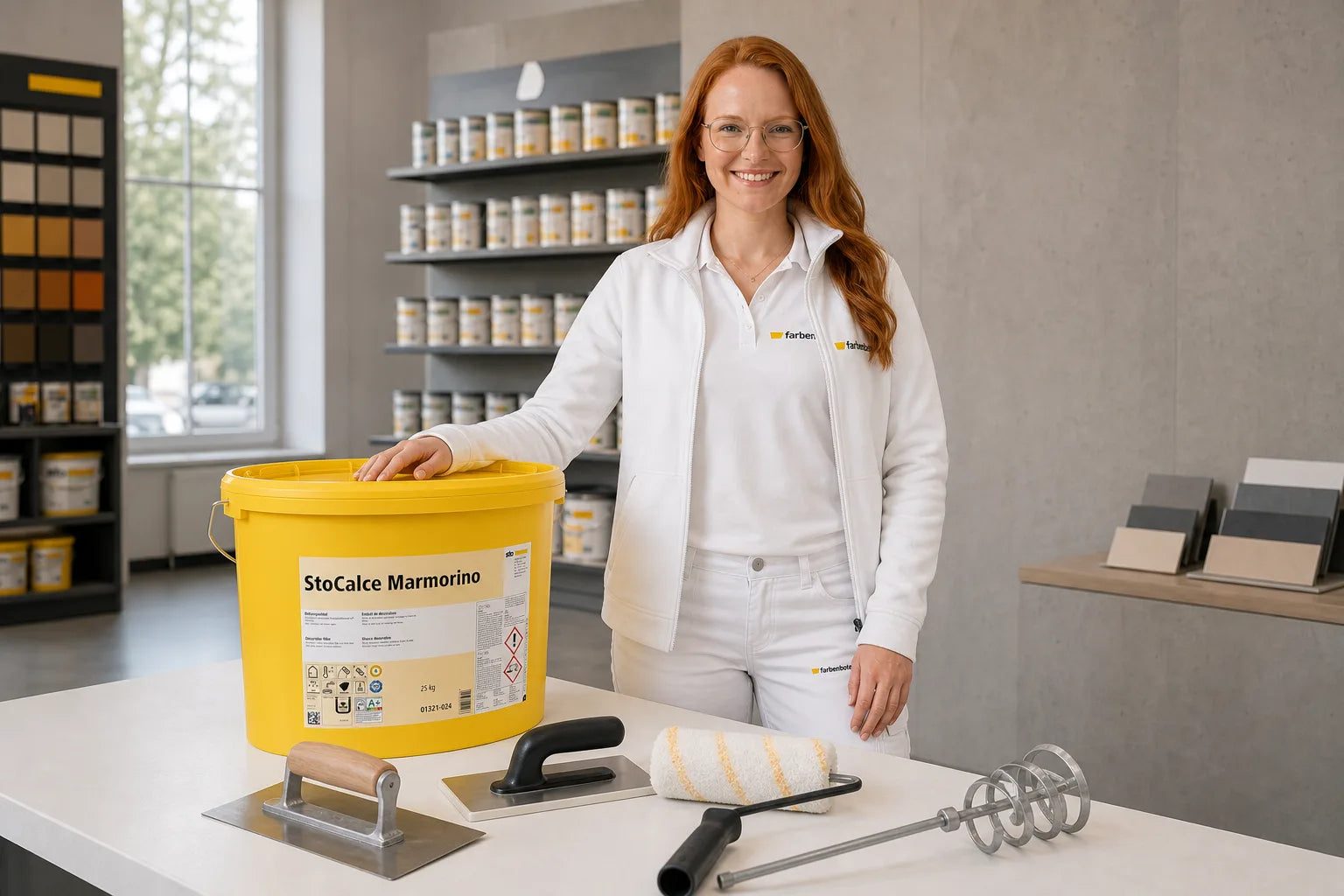 Charleen mit StoCalce Marmorino Eimer und Werkzeug im Farbenbote-Showroom