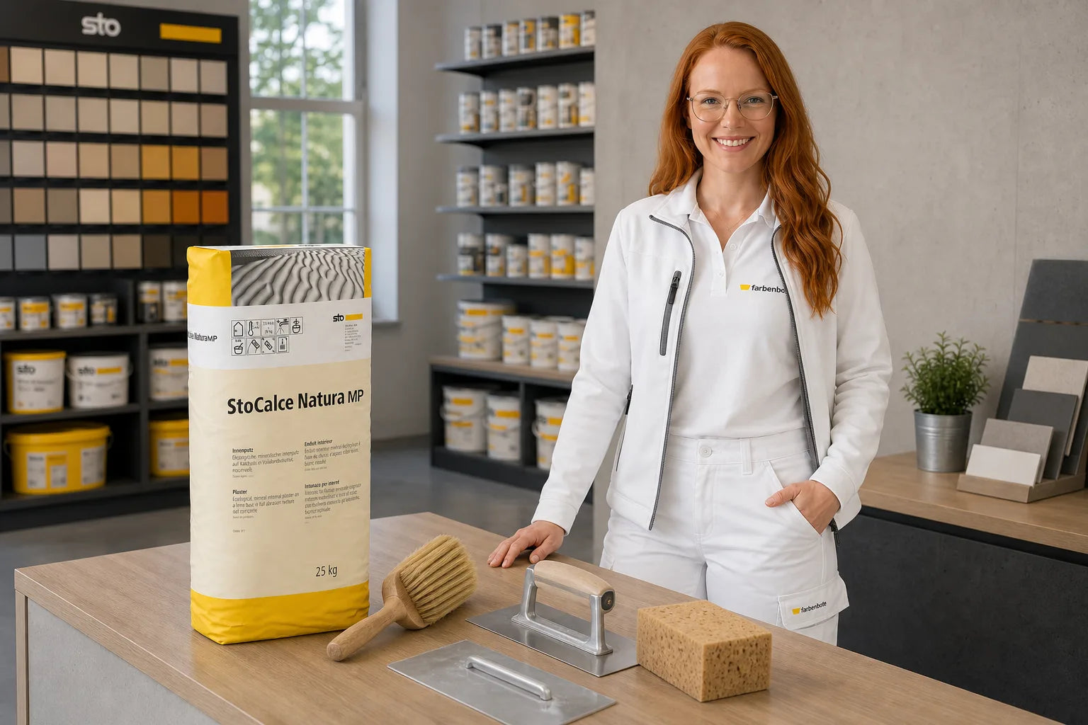 Charleen mit StoCalce Natura MP Eimer und Werkzeug im Farbenbote-Showroom