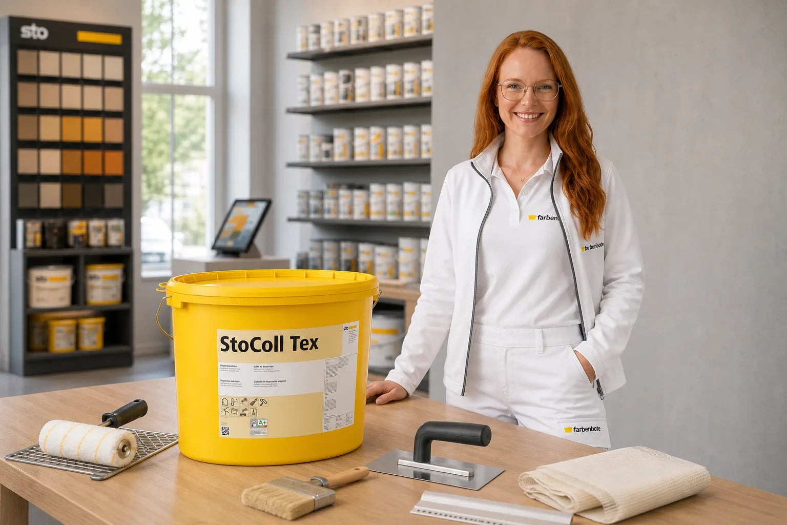 Charleen mit StoColl Tex Eimer und Werkzeug im Farbenbote-Showroom