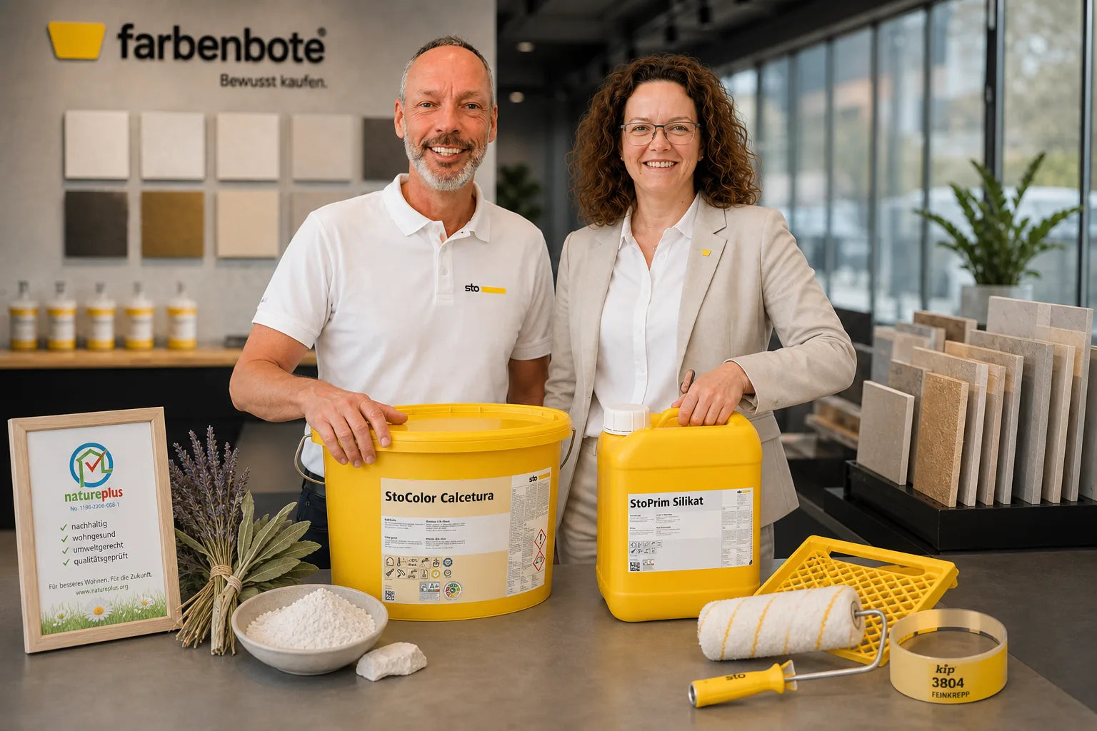 Charleen mit StoColor Calcetura Eimer und Werkzeug im Farbenbote-Showroom