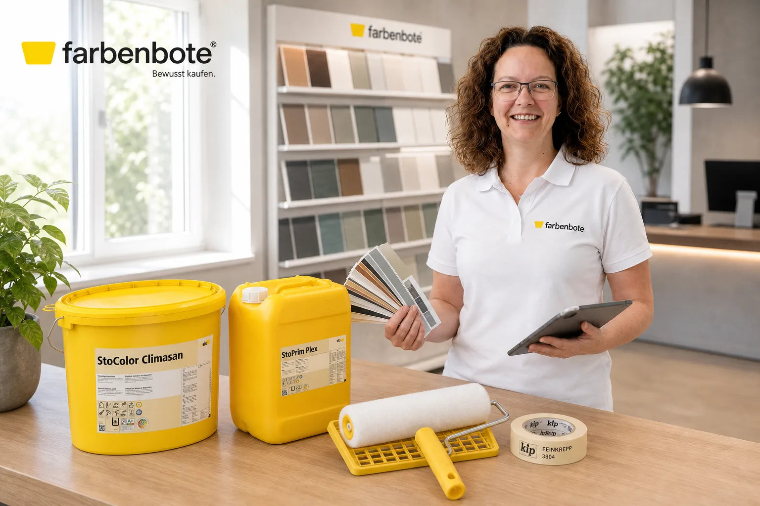 Charleen mit StoColor Climasan Eimer und Werkzeug im Farbenbote-Showroom