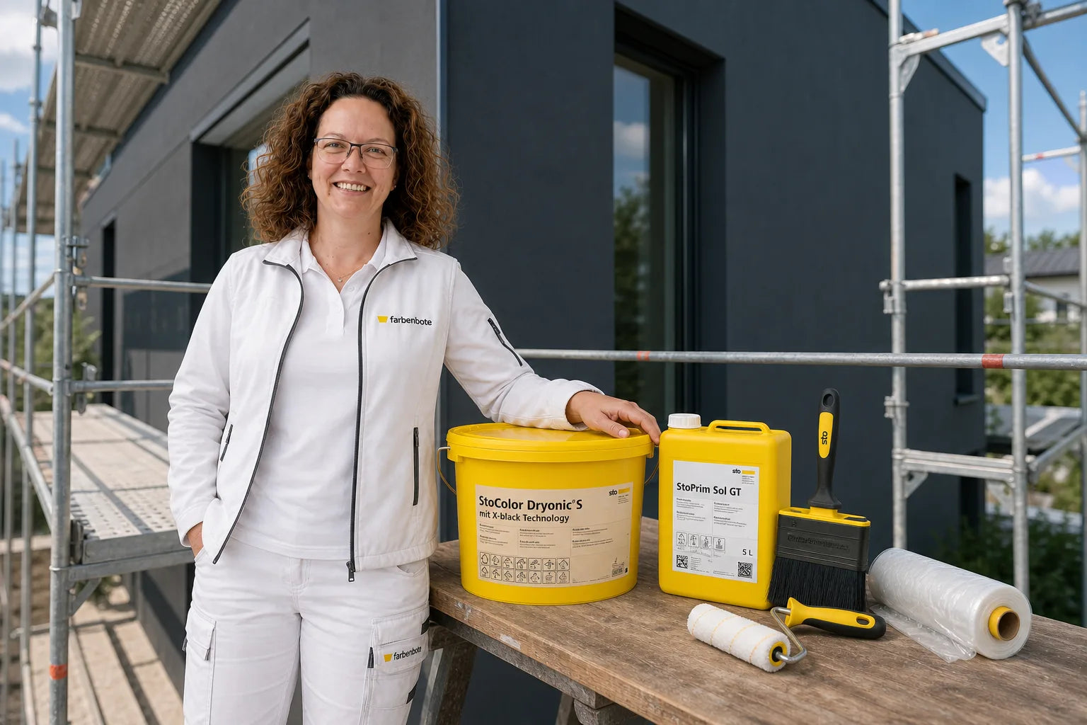 Charleen mit StoColor Dryonic S mit X-black Technology Eimer und Werkzeug im Farbenbote-Showroom