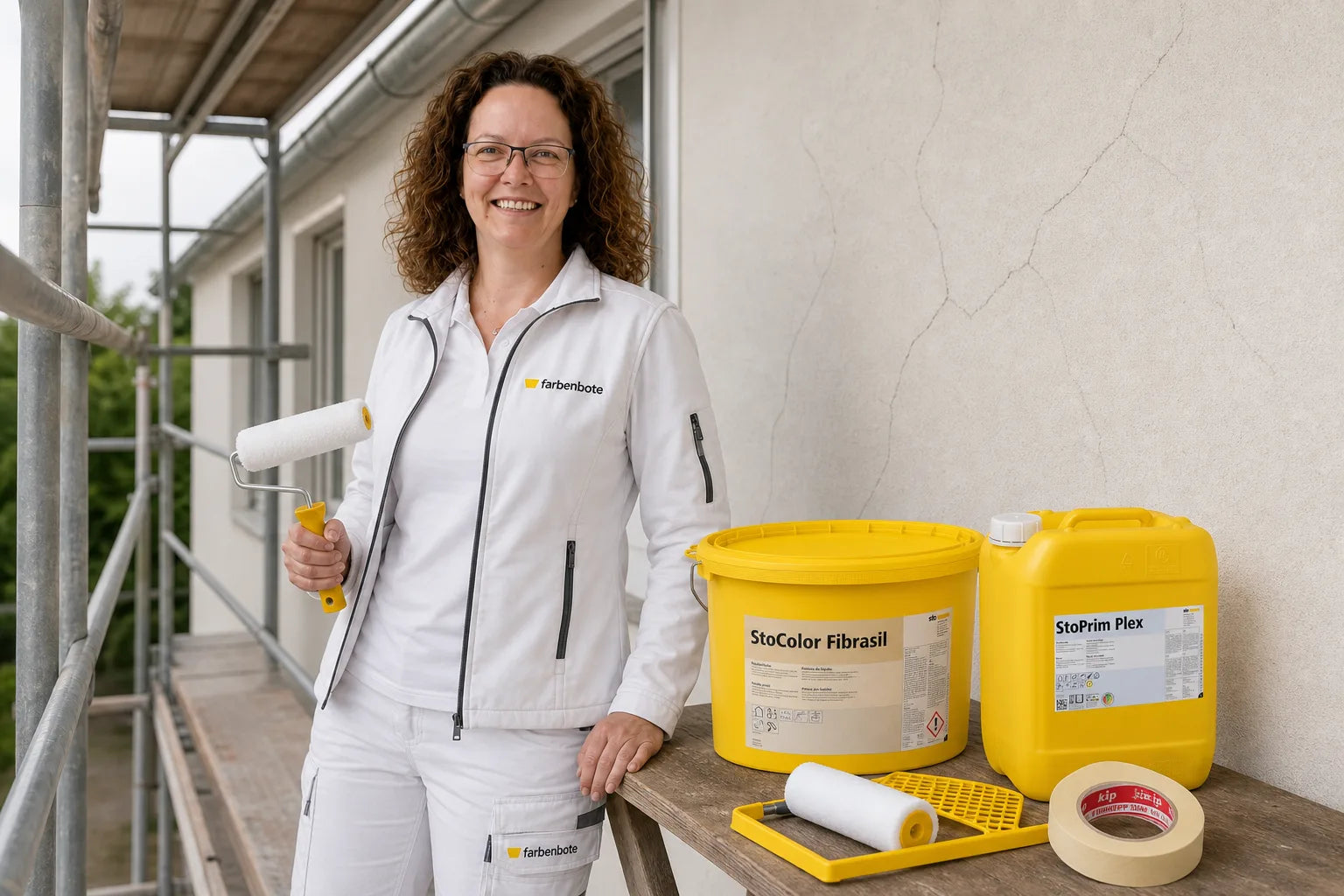 Charleen mit StoColor Fibrasil Eimer und Werkzeug im Farbenbote-Showroom