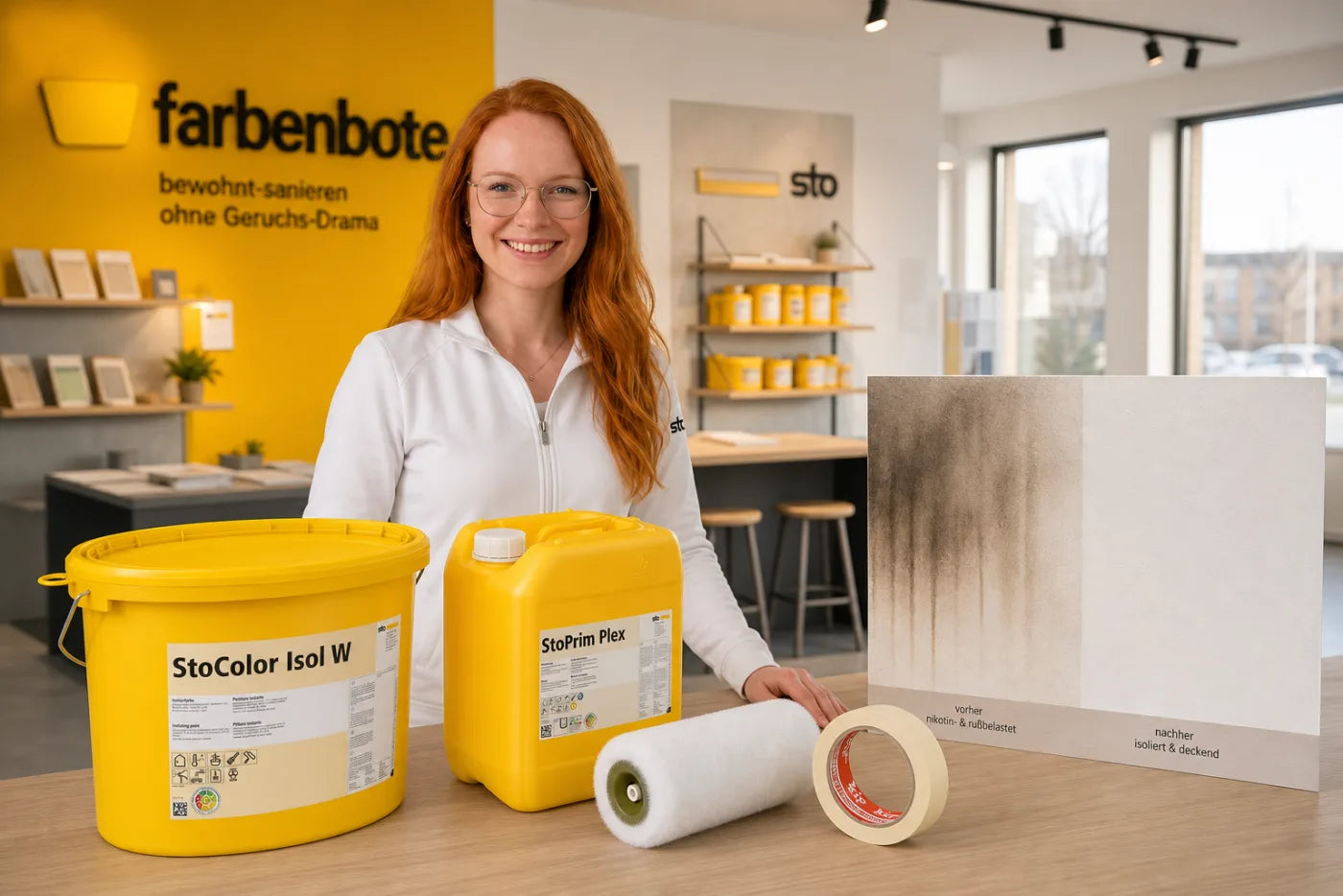 Charleen mit StoColor Isol W Eimer und Werkzeug im Farbenbote-Showroom