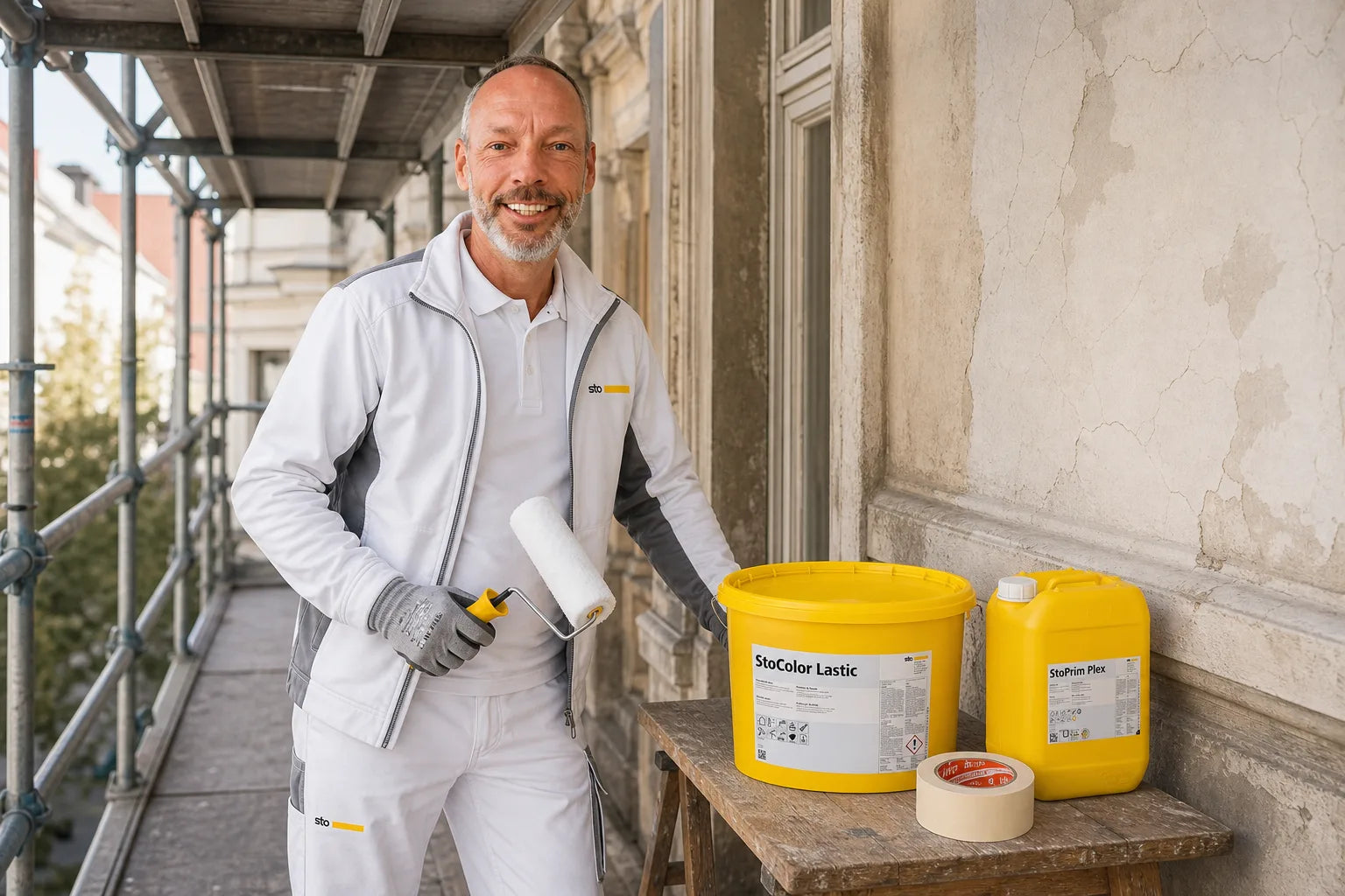 Charleen mit StoColor Lastic Eimer und Werkzeug im Farbenbote-Showroom