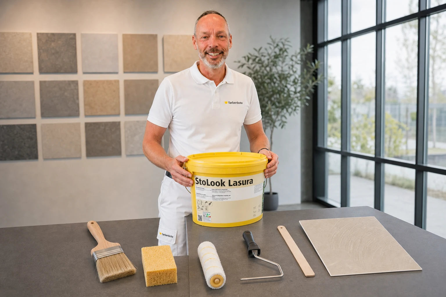 Charleen mit StoLook Lasura Eimer und Werkzeug im Farbenbote-Showroom