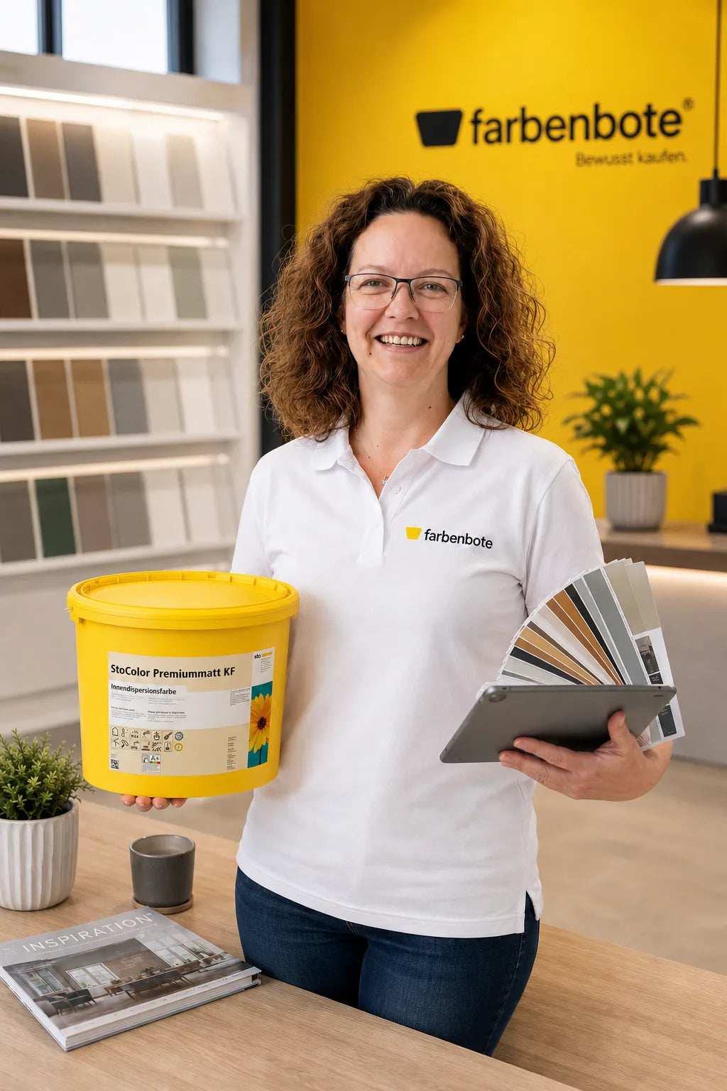 Charleen vom Farbenbote-Team mit StoColor Premiummatt KF Eimer im Sto-Showroom