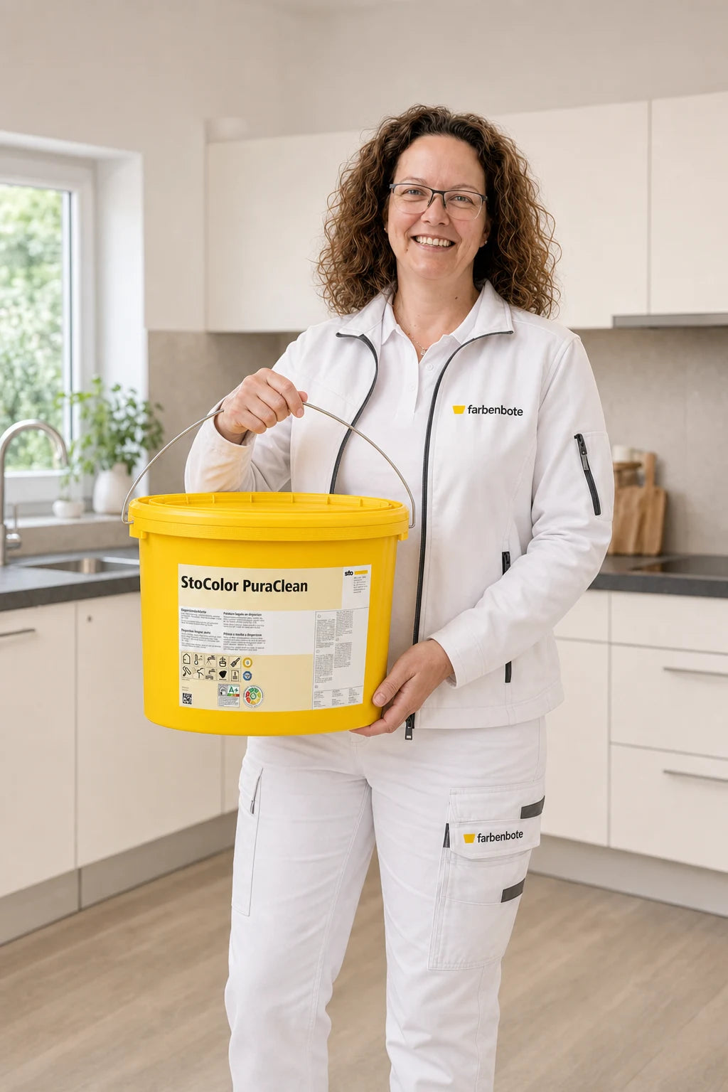 Charleen vom Farbenbote-Team mit StoColor PuraClean Eimer im Sto-Showroom
