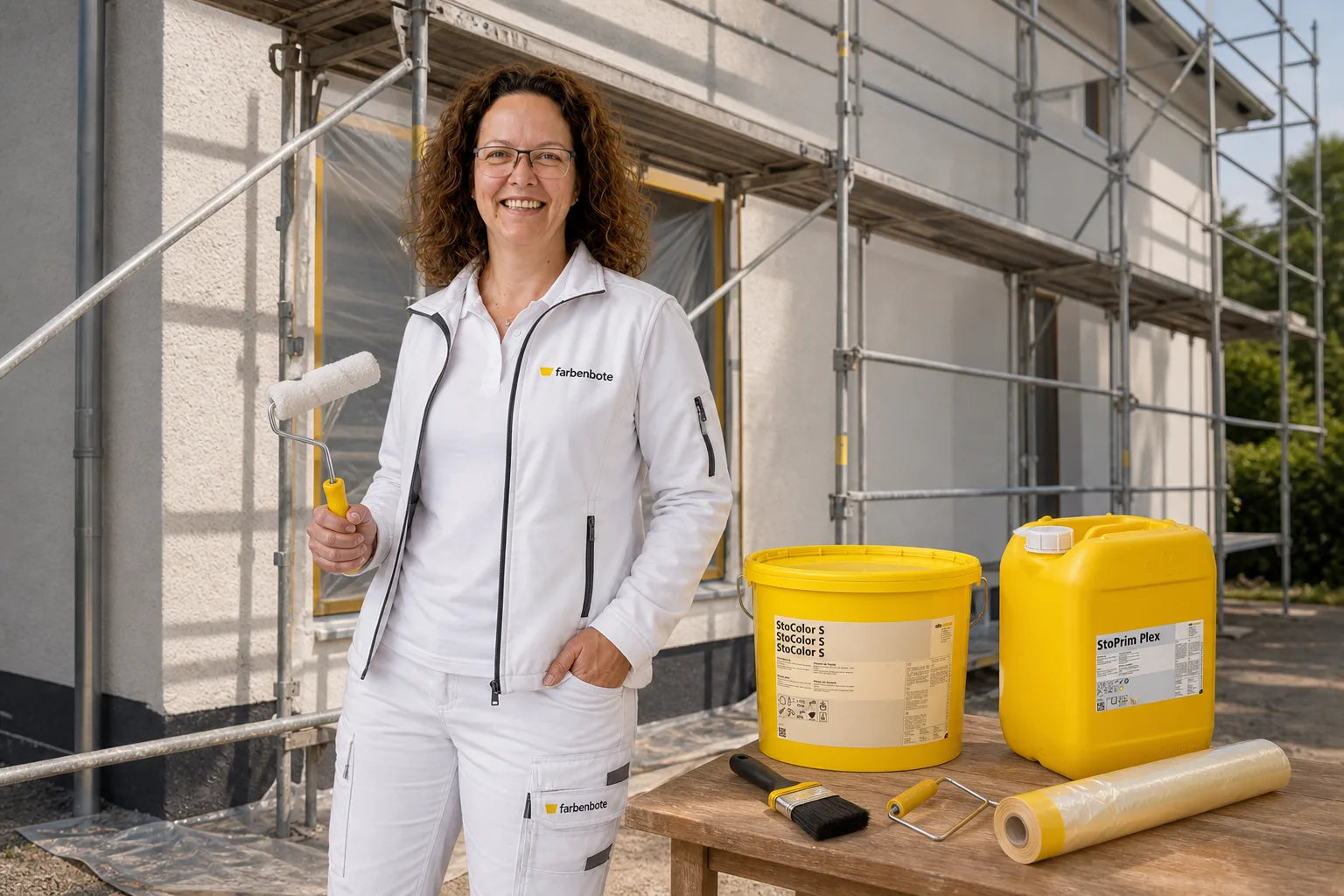 Charleen mit StoColor S Eimer und Werkzeug im Farbenbote-Showroom