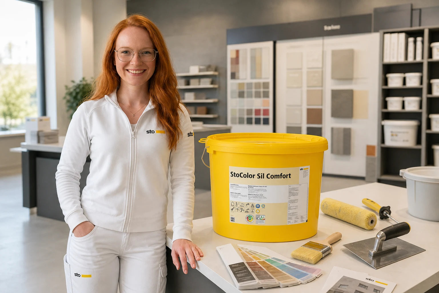 Charleen mit StoColor Sil Comfort Eimer und Werkzeug im Farbenbote-Showroom