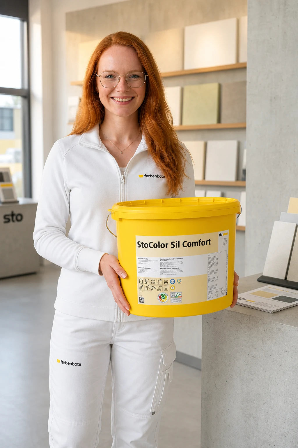 Charleen vom Farbenbote-Team mit StoColor Sil Comfort Eimer im Sto-Showroom