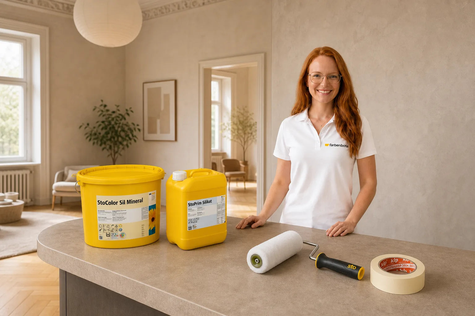 Charleen mit StoColor Sil Mineral Eimer und Werkzeug im Farbenbote-Showroom