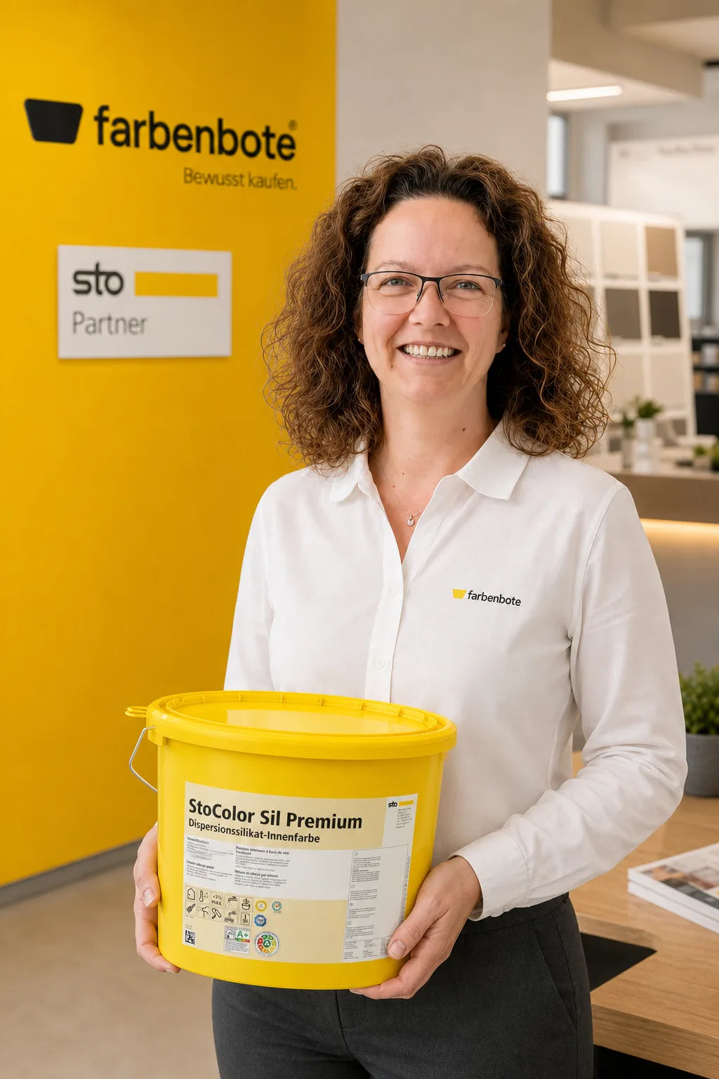 Charleen vom Farbenbote-Team mit StoColor Sil Premium Eimer im Sto-Showroom