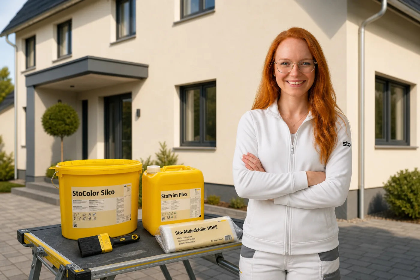 Charleen mit StoColor Silco Eimer und Werkzeug im Farbenbote-Showroom
