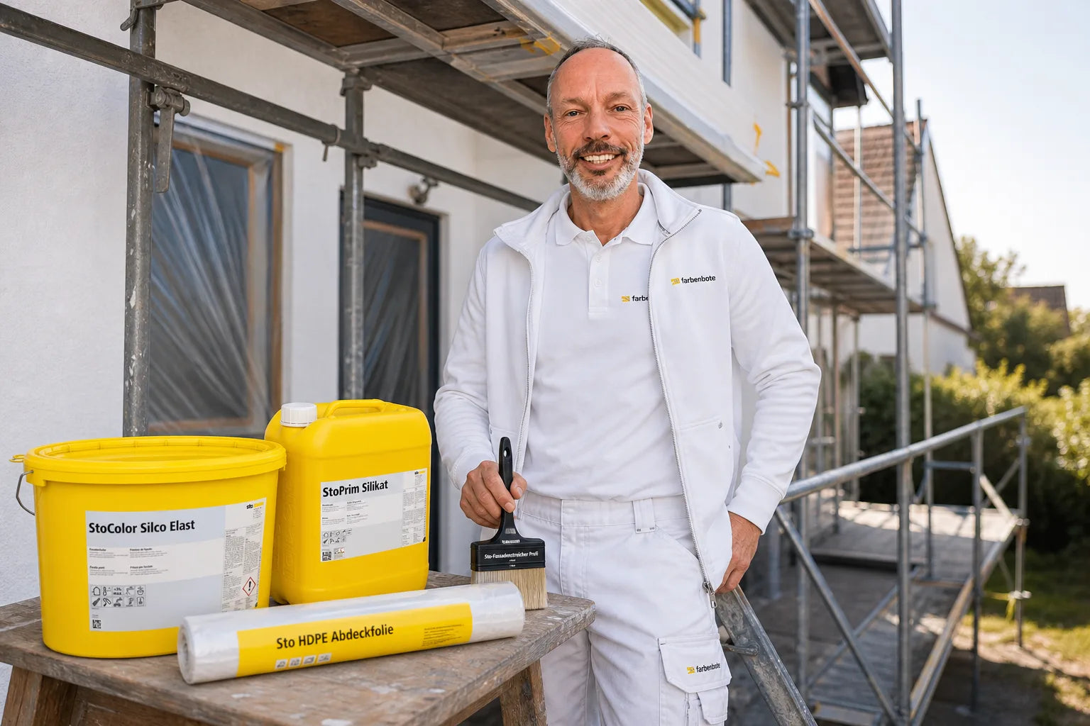 Charleen mit StoColor Silco Elast Eimer und Werkzeug im Farbenbote-Showroom