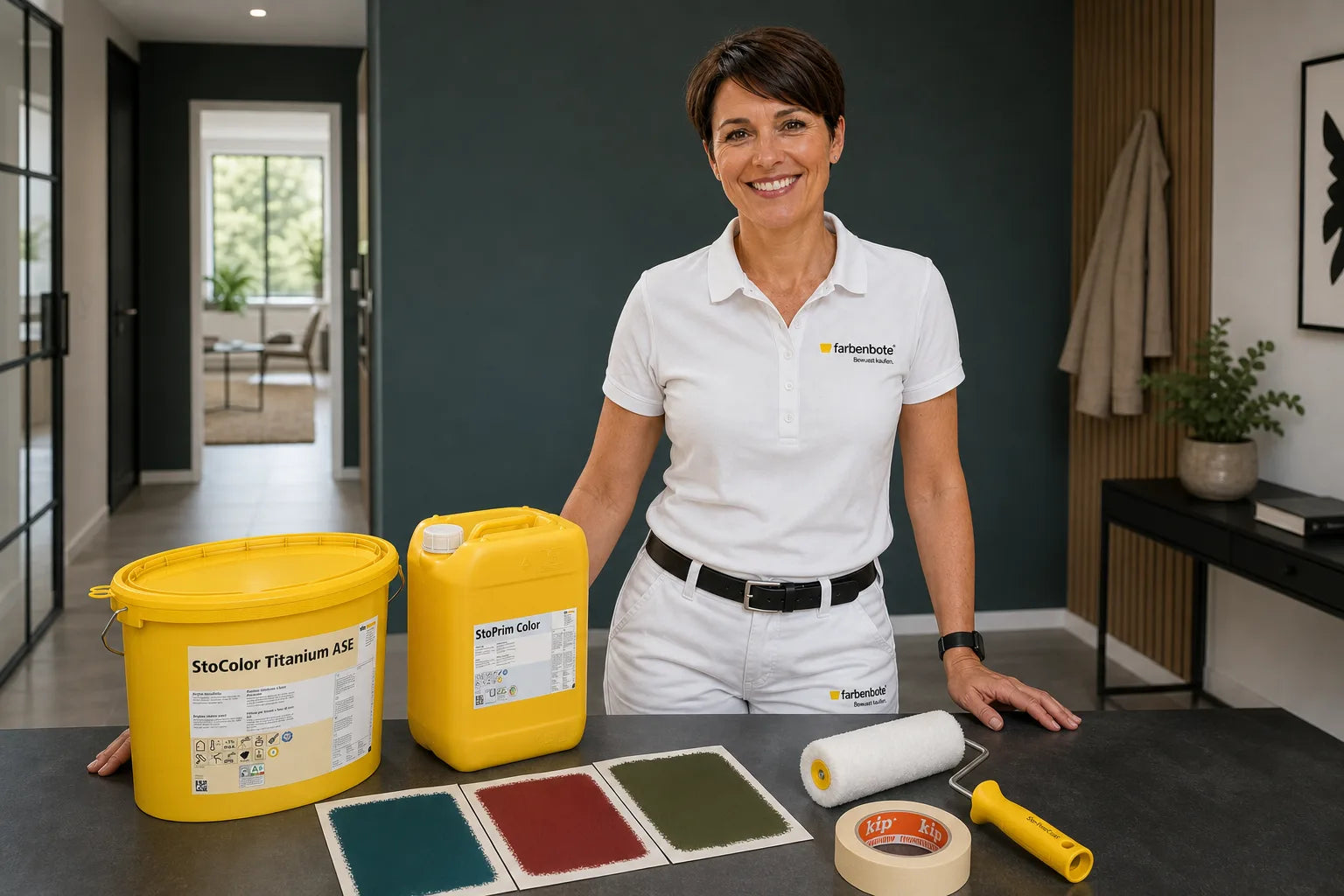 Charleen mit StoColor Titanium ASE Eimer und Werkzeug im Farbenbote-Showroom