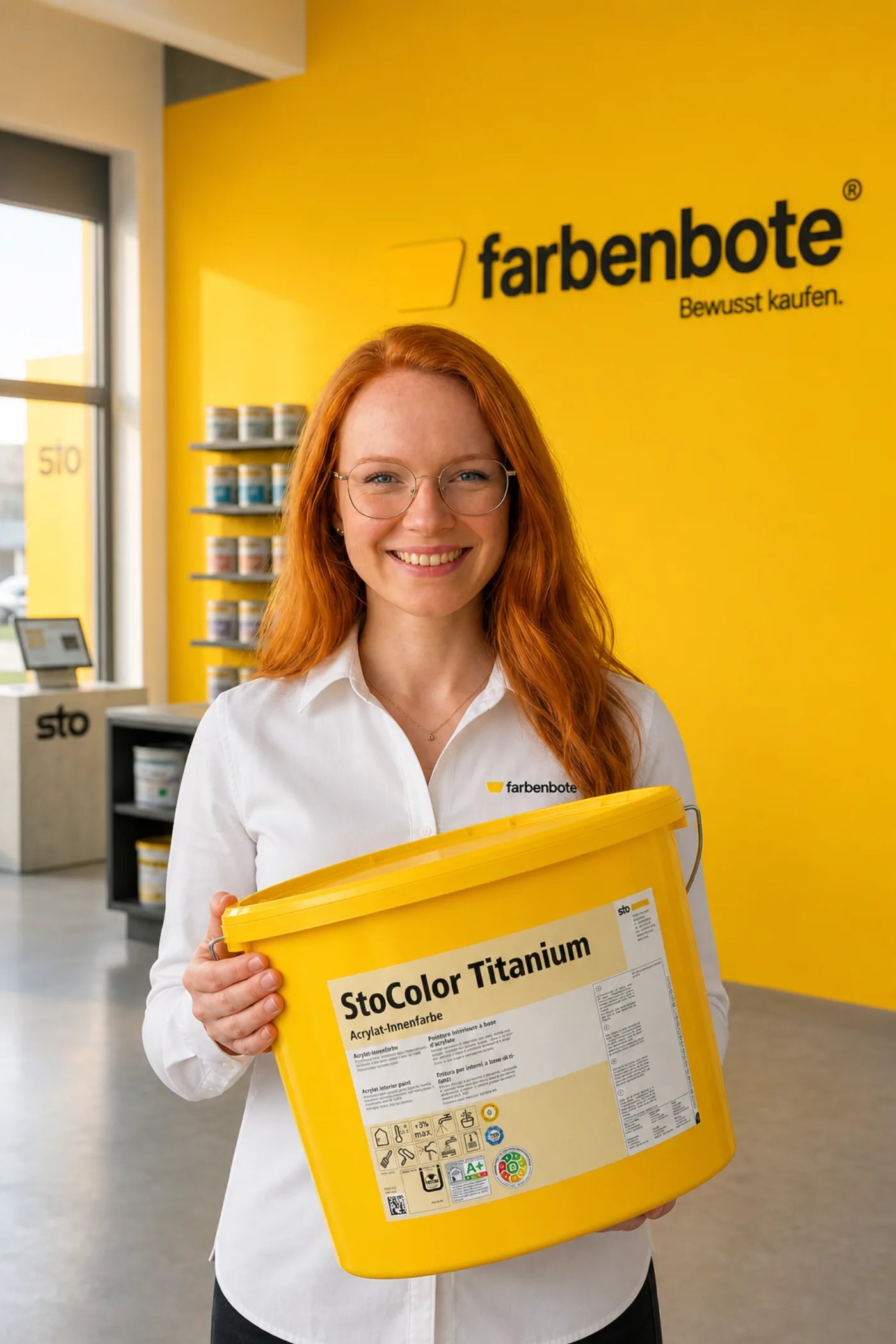 Charleen vom Farbenbote-Team mit StoColor Titanium Eimer im Sto-Showroom