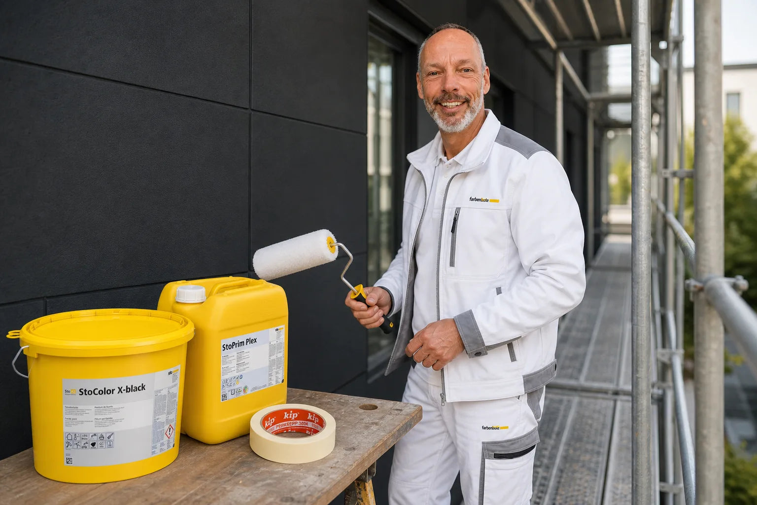 Charleen mit StoColor X-black Eimer und Werkzeug im Farbenbote-Showroom