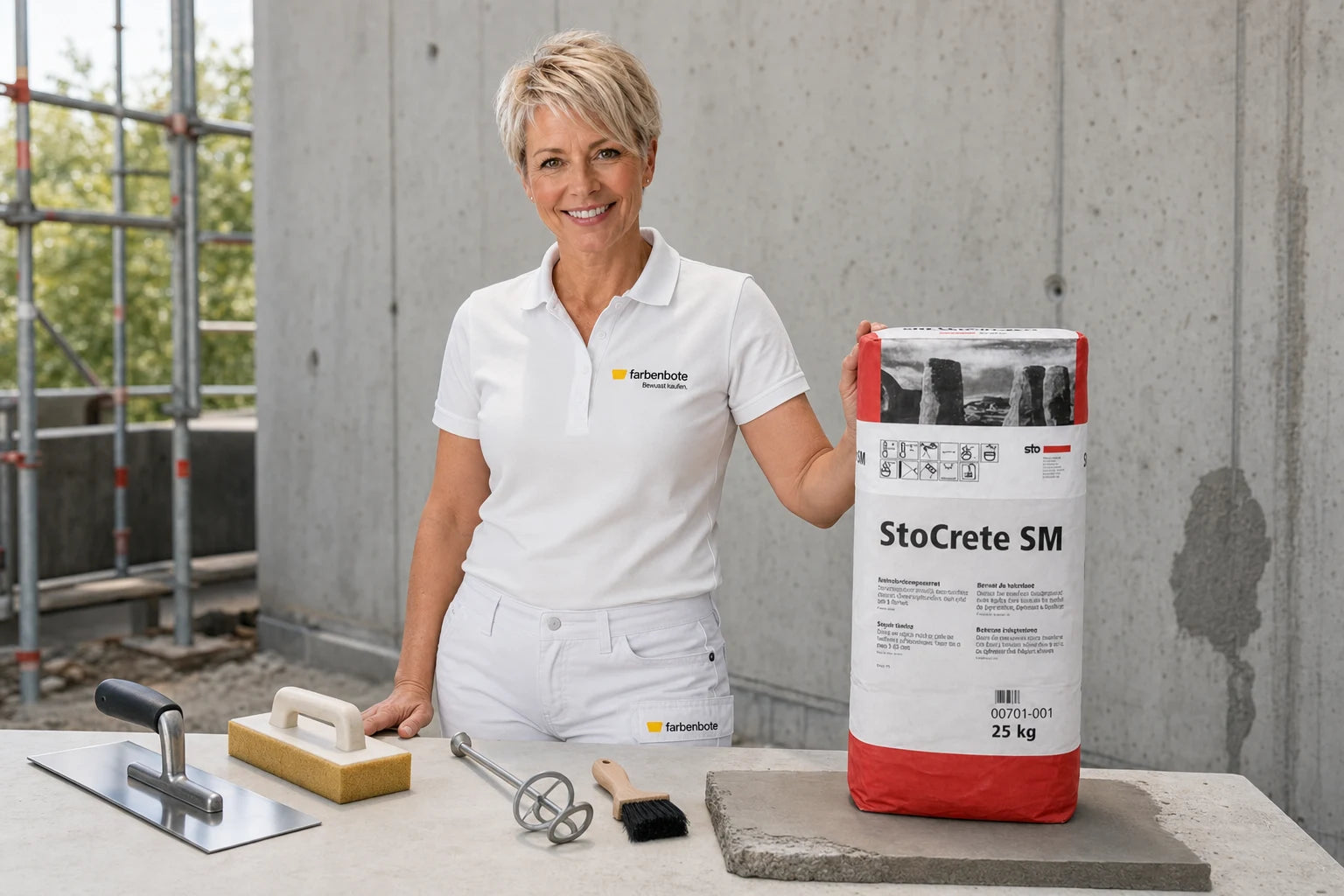 Charleen mit StoCrete SM Eimer und Werkzeug im Farbenbote-Showroom