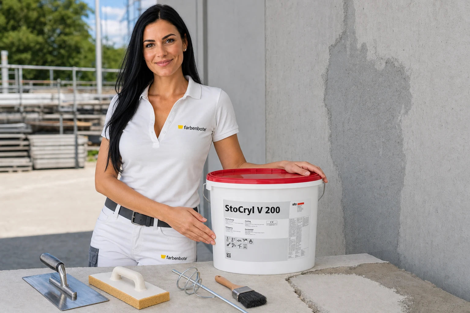 Charleen mit StoCryl V 200 Eimer und Werkzeug im Farbenbote-Showroom
