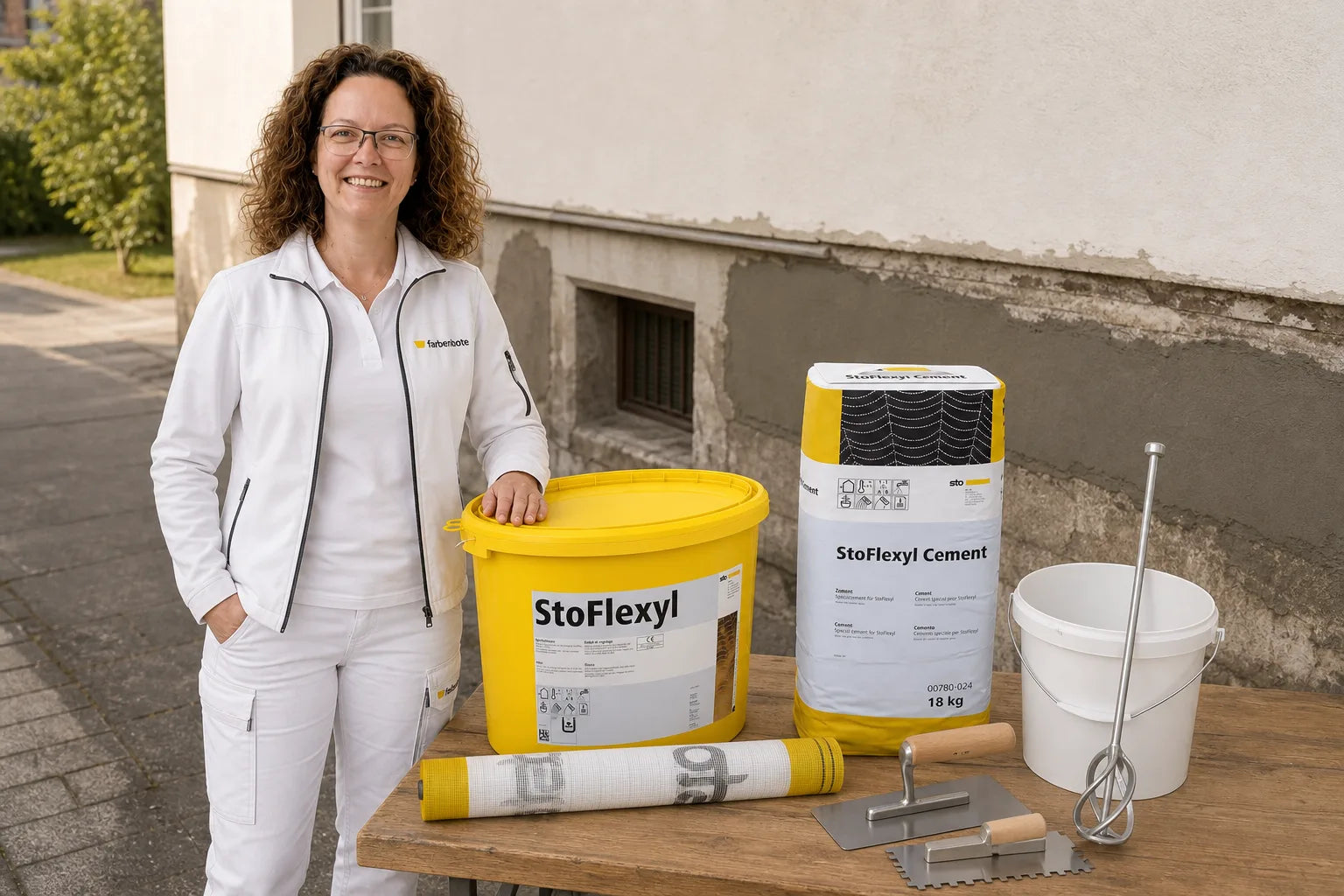 Charleen mit StoFlexyl Eimer Eimer und Werkzeug im Farbenbote-Showroom