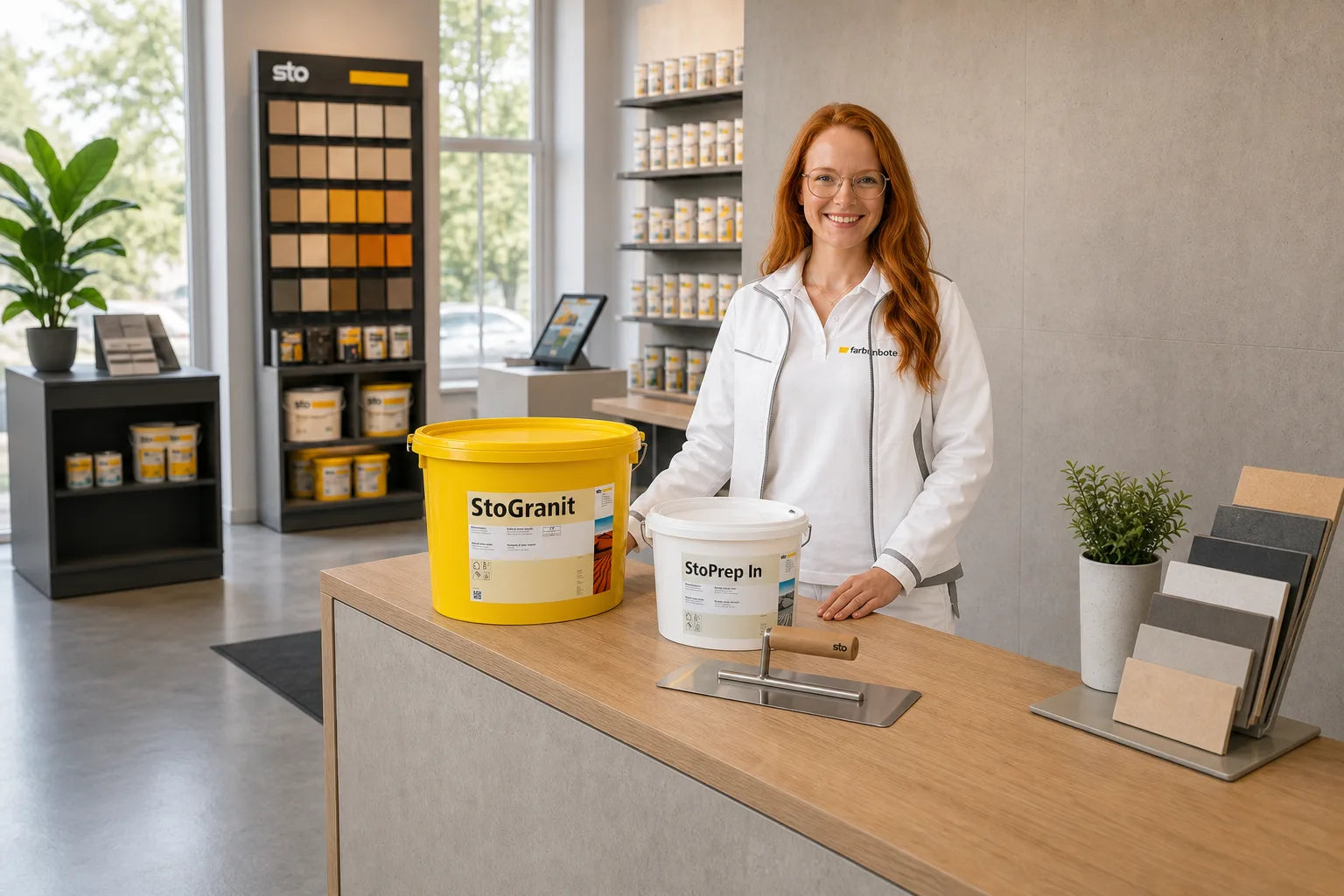 Charleen mit StoGranit K Eimer und Werkzeug im Farbenbote-Showroom