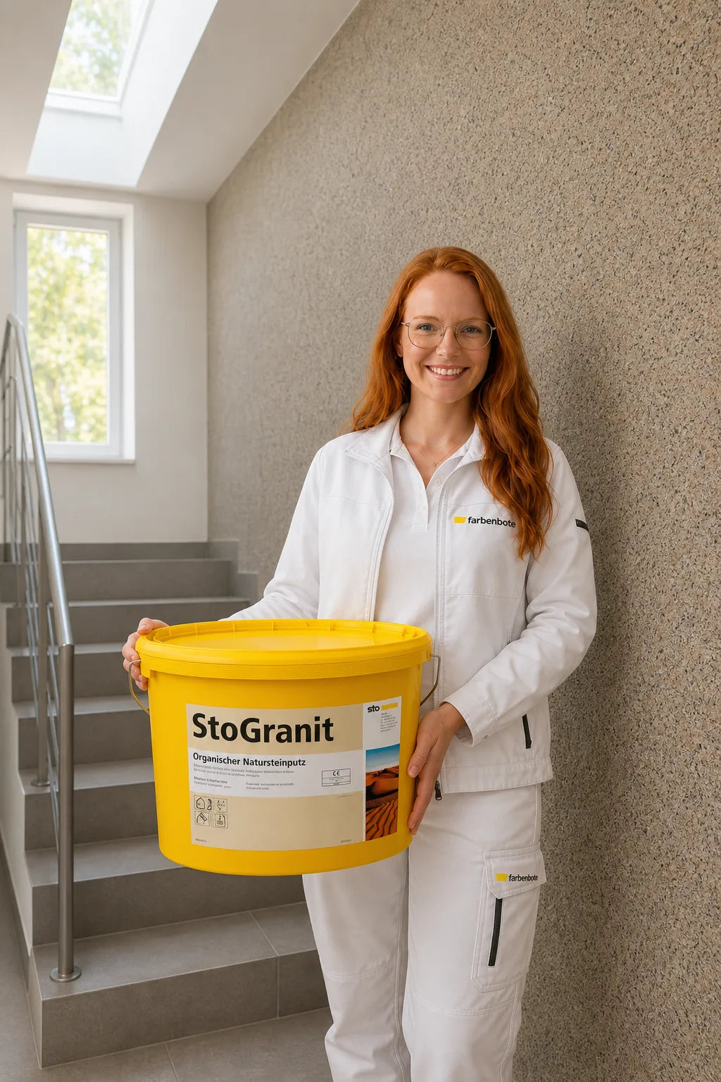 Charleen vom Farbenbote-Team mit StoGranit Eimer im Treppenhaus