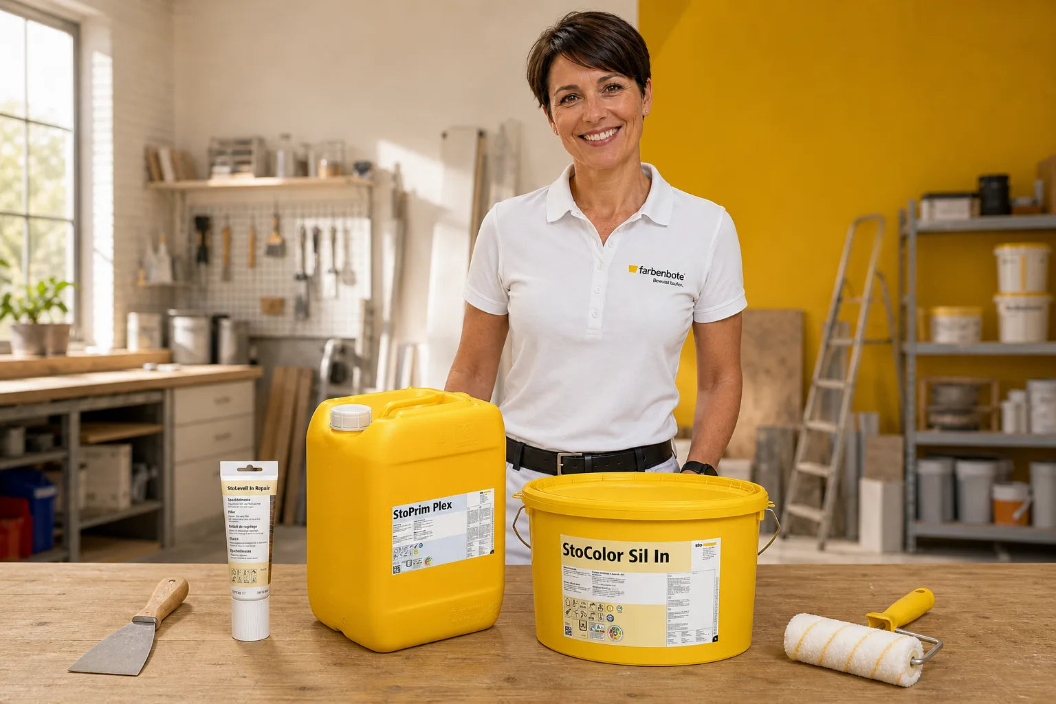 Charleen mit StoLevell In Repair Eimer und Werkzeug im Farbenbote-Showroom
