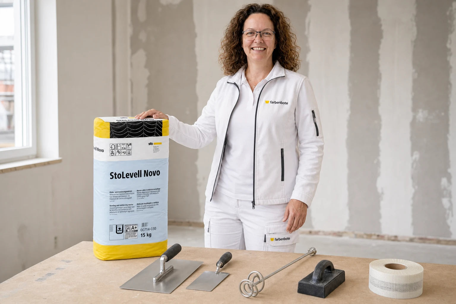 Charleen mit StoLevell Novo Eimer und Werkzeug im Farbenbote-Showroom