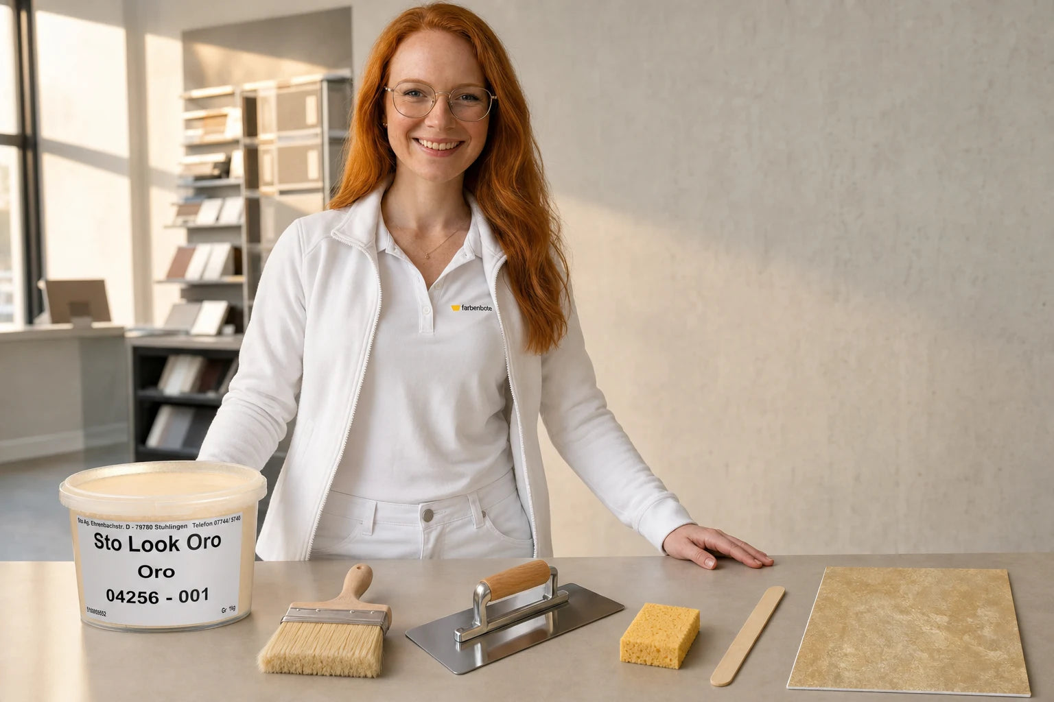 Charleen mit StoLook Oro/Argento/Rame Eimer und Werkzeug im Farbenbote-Showroom