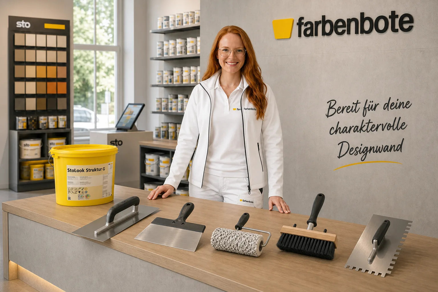 Charleen mit StoLook Struktur G Eimer und Werkzeug im Farbenbote-Showroom