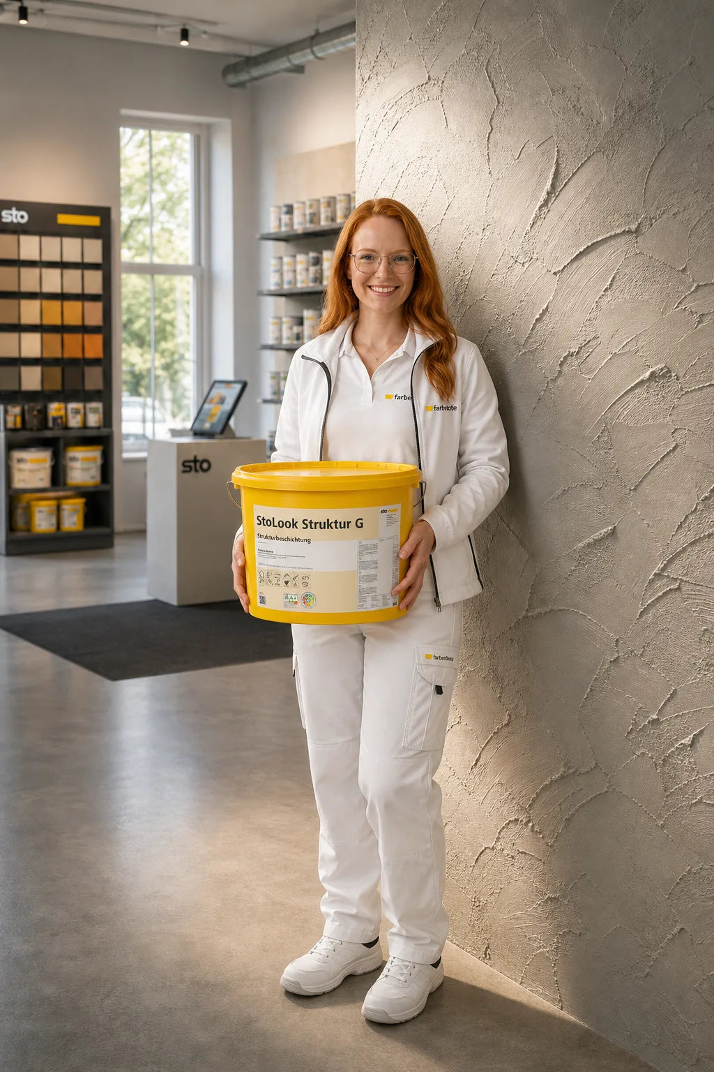 Charleen vom Farbenbote-Team mit StoLook Struktur G Eimer vor grober Spachtel-Akzentwand