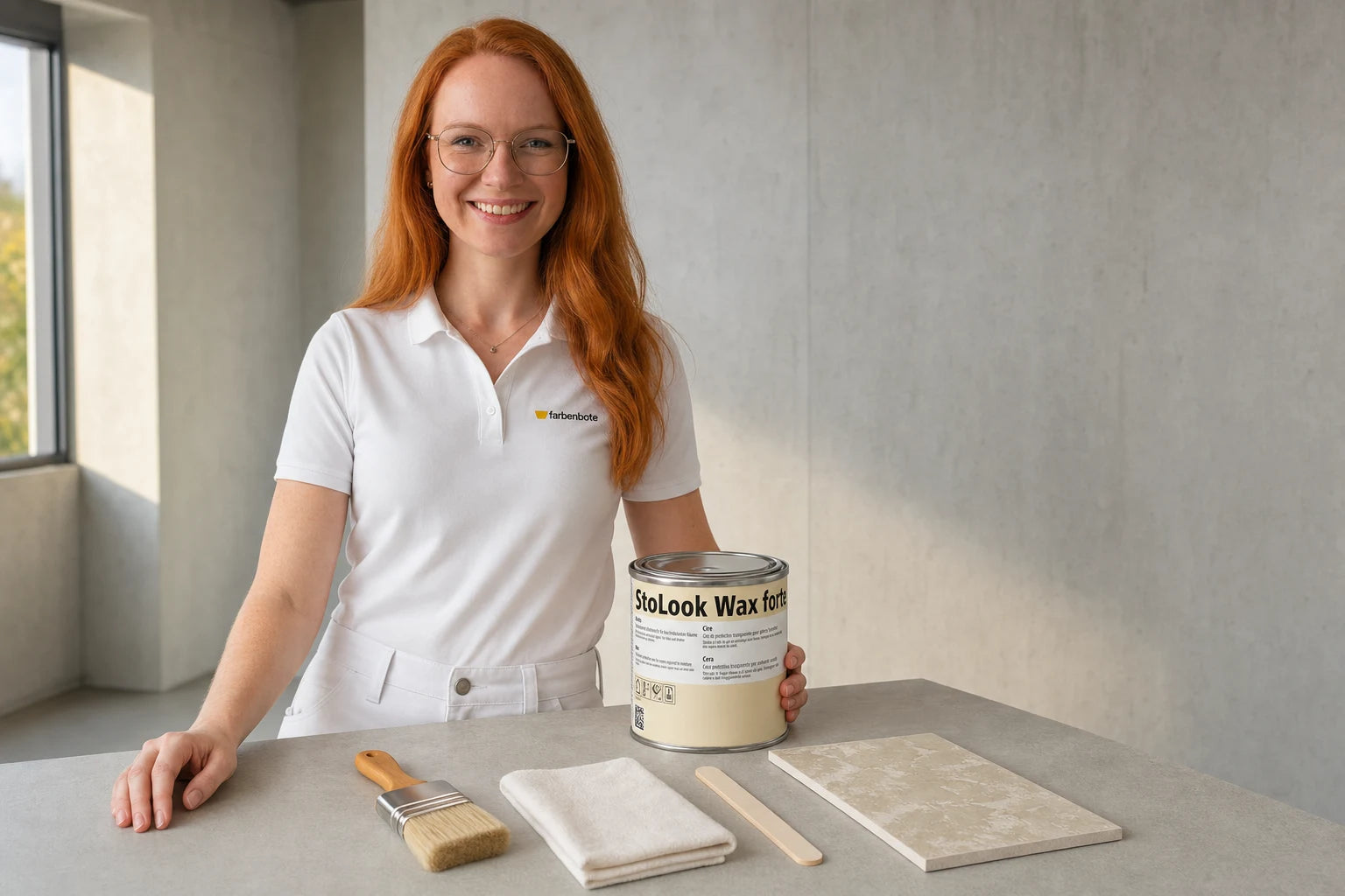 Charleen mit StoLook Wax forte Eimer und Werkzeug im Farbenbote-Showroom